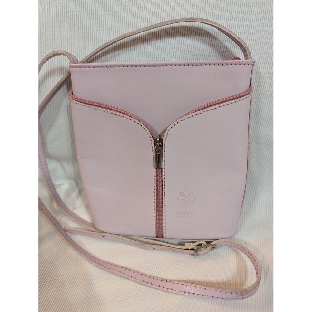 Vera Pelle Pink Italian Leather Crossbody Bag Small Made in Italy Zipper Detail‎